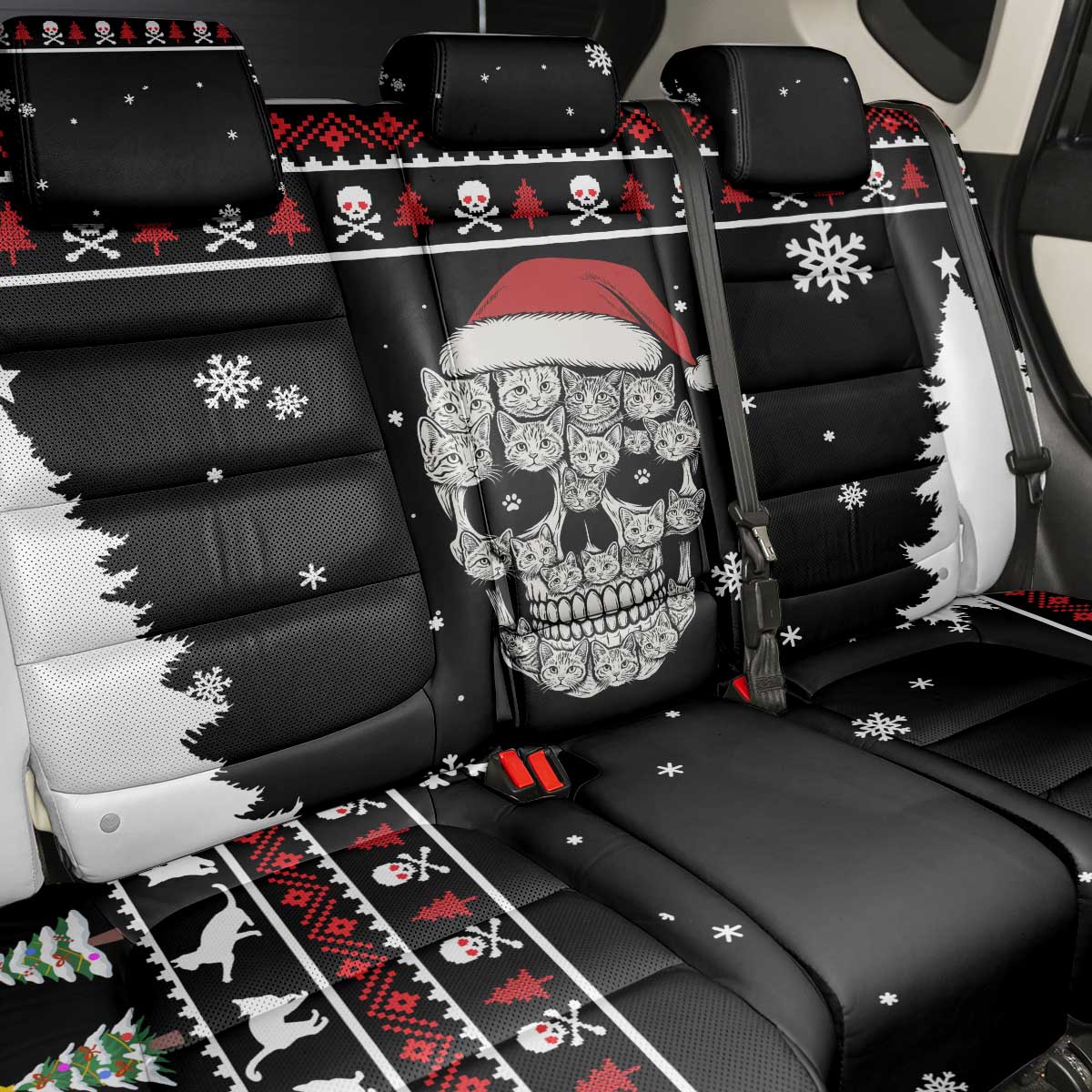 Cat Skull Santa Christmas Back Car Seat Cover Xmas Holiday Patterns - Wonder Print Shop