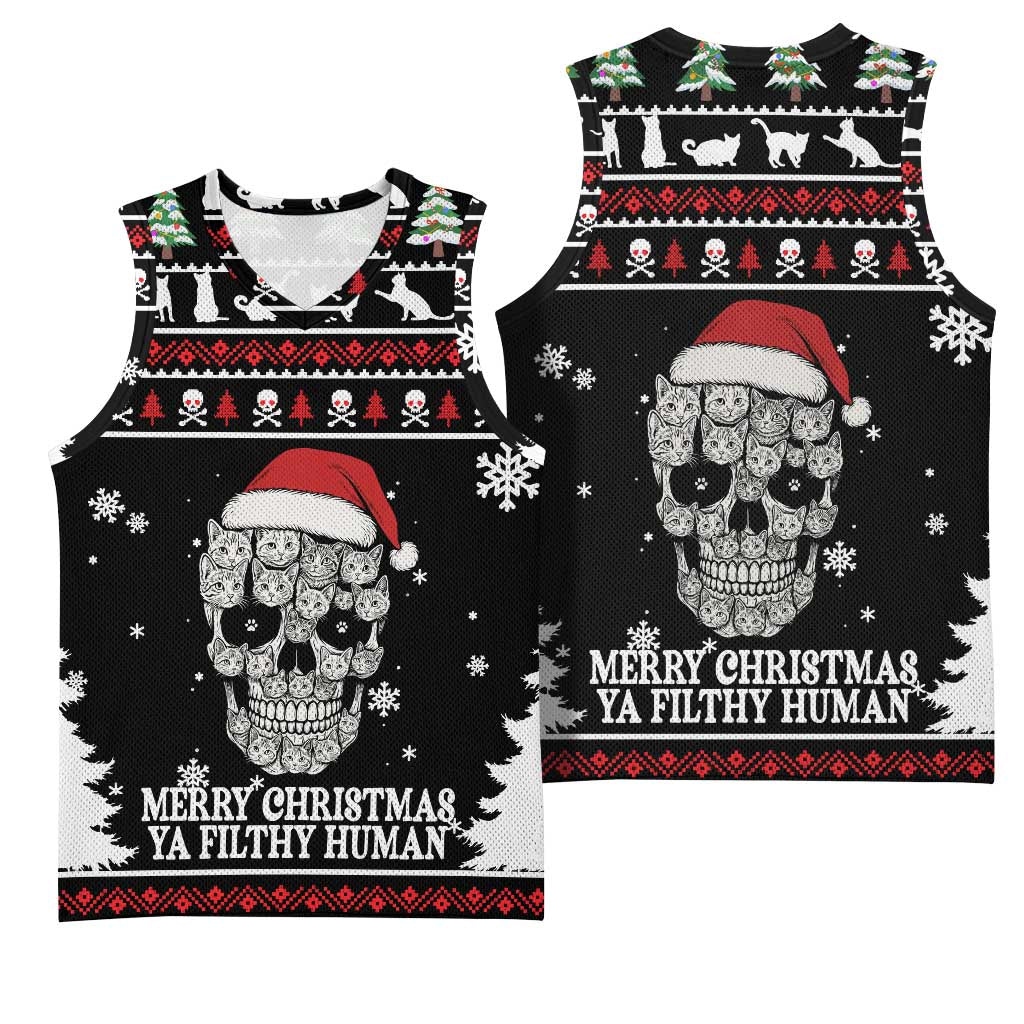Cat Skull Santa Christmas Basketball Jersey Xmas Holiday Patterns - Wonder Print Shop