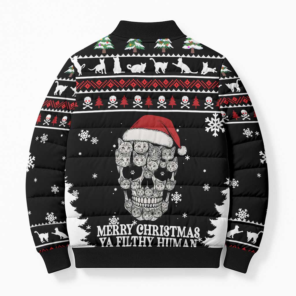 Cat Skull Santa Christmas Bomber Puffer Jacket Xmas Holiday Patterns - Wonder Print Shop