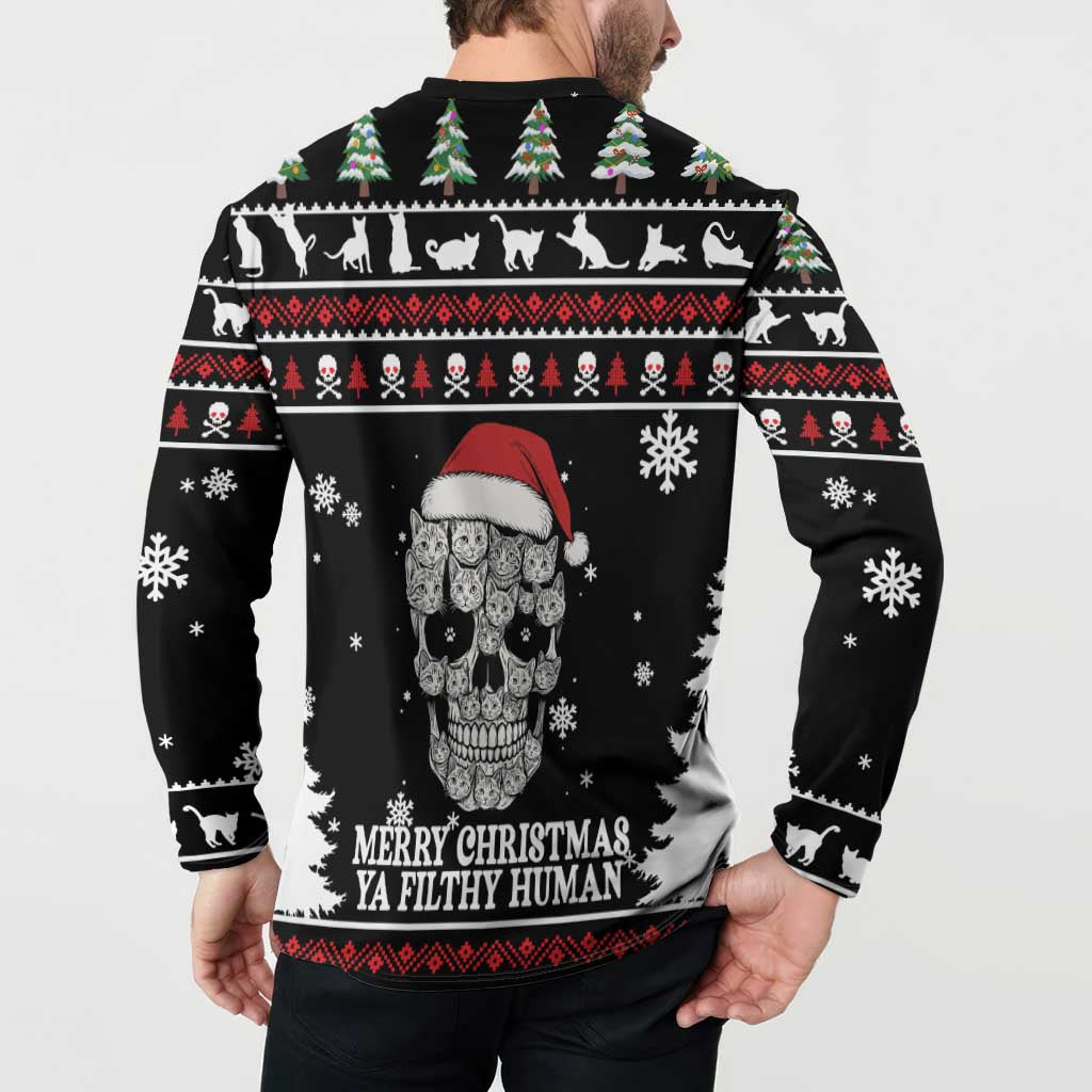 Cat Skull Santa Christmas Button Sweatshirt Xmas Holiday Patterns - Wonder Print Shop
