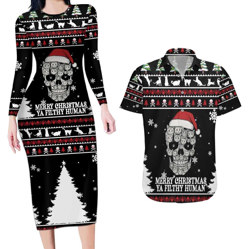 Cat Skull Santa Christmas Couples Matching Long Sleeve Bodycon Dress and Hawaiian Shirt Xmas Holiday Patterns - Wonder Print Shop
