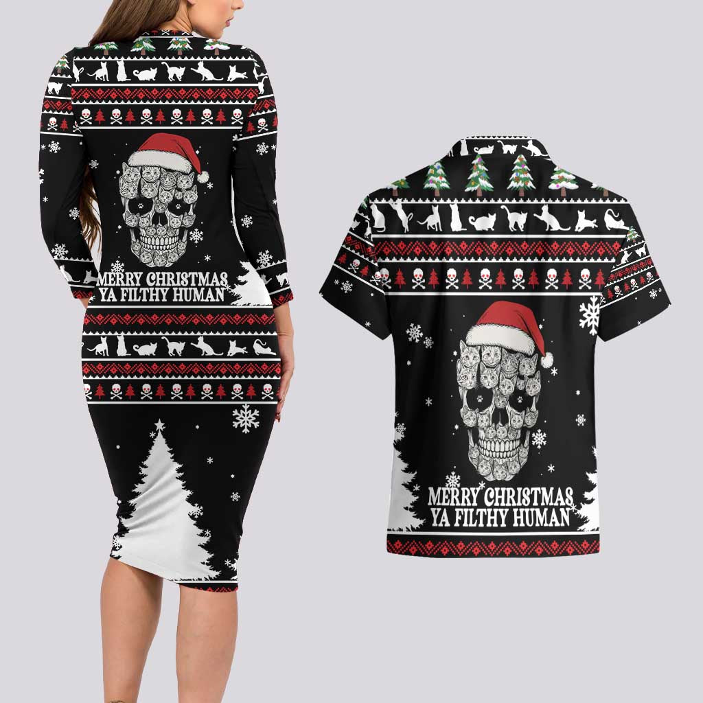 Cat Skull Santa Christmas Couples Matching Long Sleeve Bodycon Dress and Hawaiian Shirt Xmas Holiday Patterns - Wonder Print Shop