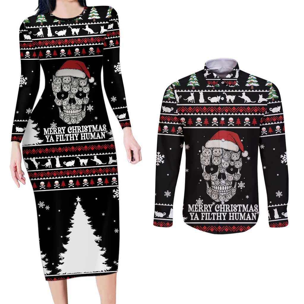 Cat Skull Santa Christmas Couples Matching Long Sleeve Bodycon Dress and Long Sleeve Button Shirt Xmas Holiday Patterns - Wonder Print Shop