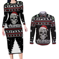 Cat Skull Santa Christmas Couples Matching Long Sleeve Bodycon Dress and Long Sleeve Button Shirt Xmas Holiday Patterns - Wonder Print Shop