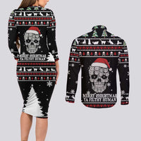 Cat Skull Santa Christmas Couples Matching Long Sleeve Bodycon Dress and Long Sleeve Button Shirt Xmas Holiday Patterns - Wonder Print Shop