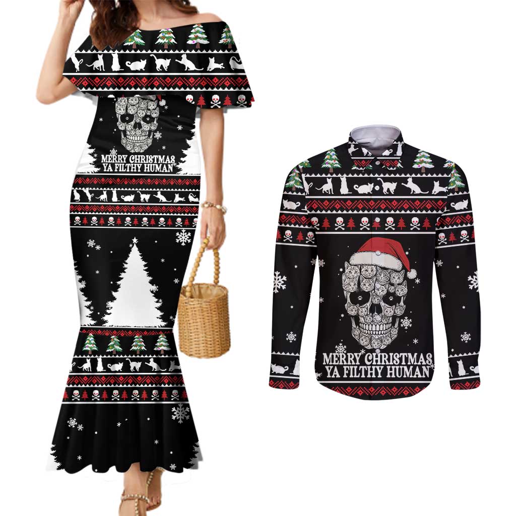 Cat Skull Santa Christmas Couples Matching Mermaid Dress and Long Sleeve Button Shirt Xmas Holiday Patterns - Wonder Print Shop
