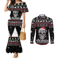 Cat Skull Santa Christmas Couples Matching Mermaid Dress and Long Sleeve Button Shirt Xmas Holiday Patterns - Wonder Print Shop