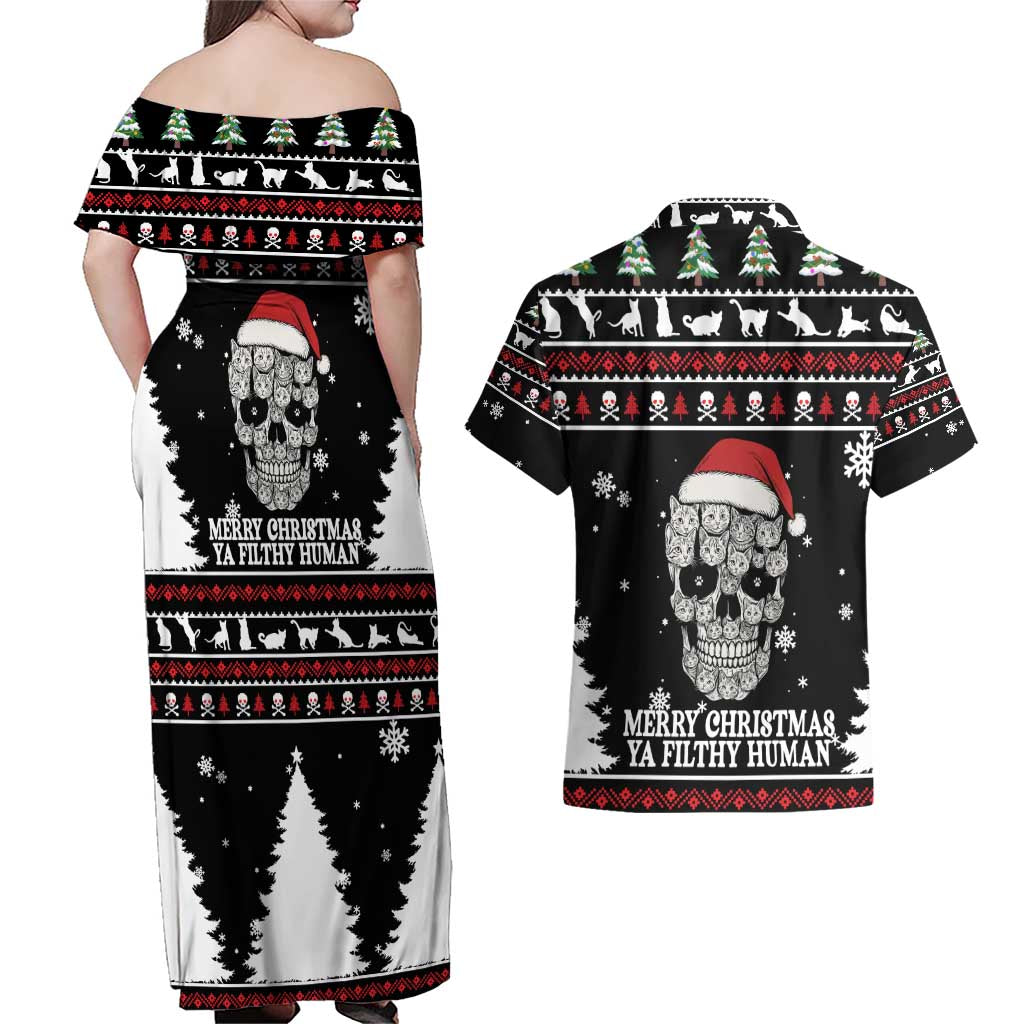 Cat Skull Santa Christmas Couples Matching Off Shoulder Maxi Dress and Hawaiian Shirt Xmas Holiday Patterns - Wonder Print Shop