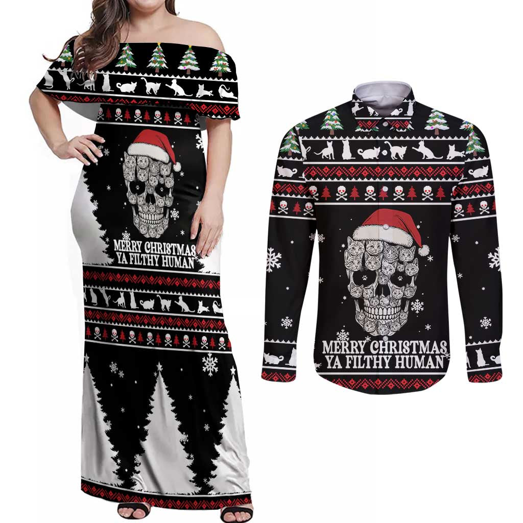 Cat Skull Santa Christmas Couples Matching Off Shoulder Maxi Dress and Long Sleeve Button Shirt Xmas Holiday Patterns - Wonder Print Shop