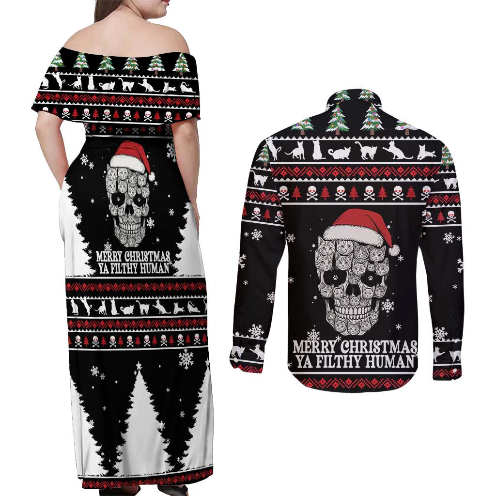 Cat Skull Santa Christmas Couples Matching Off Shoulder Maxi Dress and Long Sleeve Button Shirt Xmas Holiday Patterns - Wonder Print Shop