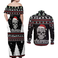 Cat Skull Santa Christmas Couples Matching Off Shoulder Maxi Dress and Long Sleeve Button Shirt Xmas Holiday Patterns - Wonder Print Shop