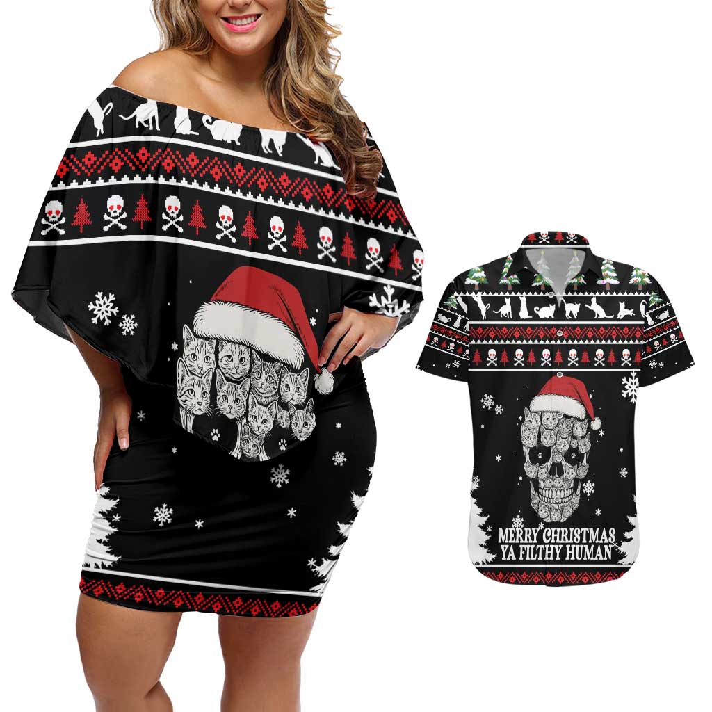 Cat Skull Santa Christmas Couples Matching Off Shoulder Short Dress and Hawaiian Shirt Xmas Holiday Patterns - Wonder Print Shop
