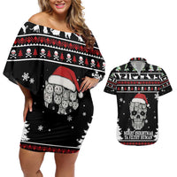 Cat Skull Santa Christmas Couples Matching Off Shoulder Short Dress and Hawaiian Shirt Xmas Holiday Patterns - Wonder Print Shop