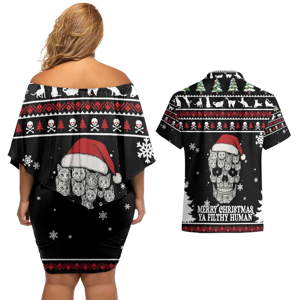 Cat Skull Santa Christmas Couples Matching Off Shoulder Short Dress and Hawaiian Shirt Xmas Holiday Patterns - Wonder Print Shop
