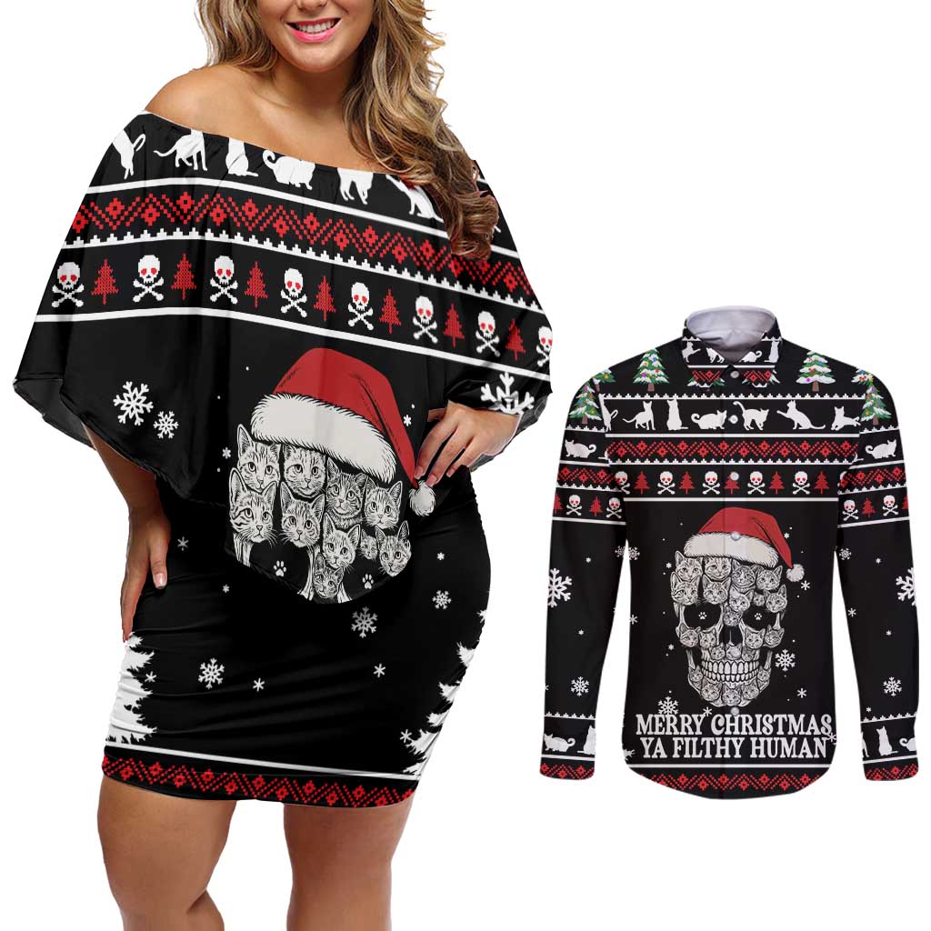 Cat Skull Santa Christmas Couples Matching Off Shoulder Short Dress and Long Sleeve Button Shirt Xmas Holiday Patterns - Wonder Print Shop