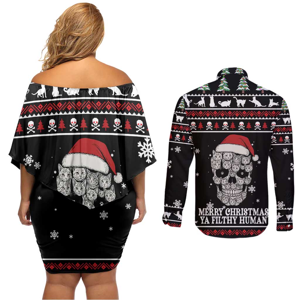 Cat Skull Santa Christmas Couples Matching Off Shoulder Short Dress and Long Sleeve Button Shirt Xmas Holiday Patterns - Wonder Print Shop
