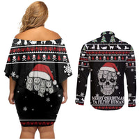 Cat Skull Santa Christmas Couples Matching Off Shoulder Short Dress and Long Sleeve Button Shirt Xmas Holiday Patterns - Wonder Print Shop