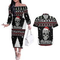Cat Skull Santa Christmas Couples Matching Off The Shoulder Long Sleeve Dress and Hawaiian Shirt Xmas Holiday Patterns - Wonder Print Shop