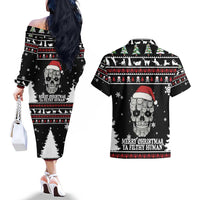 Cat Skull Santa Christmas Couples Matching Off The Shoulder Long Sleeve Dress and Hawaiian Shirt Xmas Holiday Patterns - Wonder Print Shop
