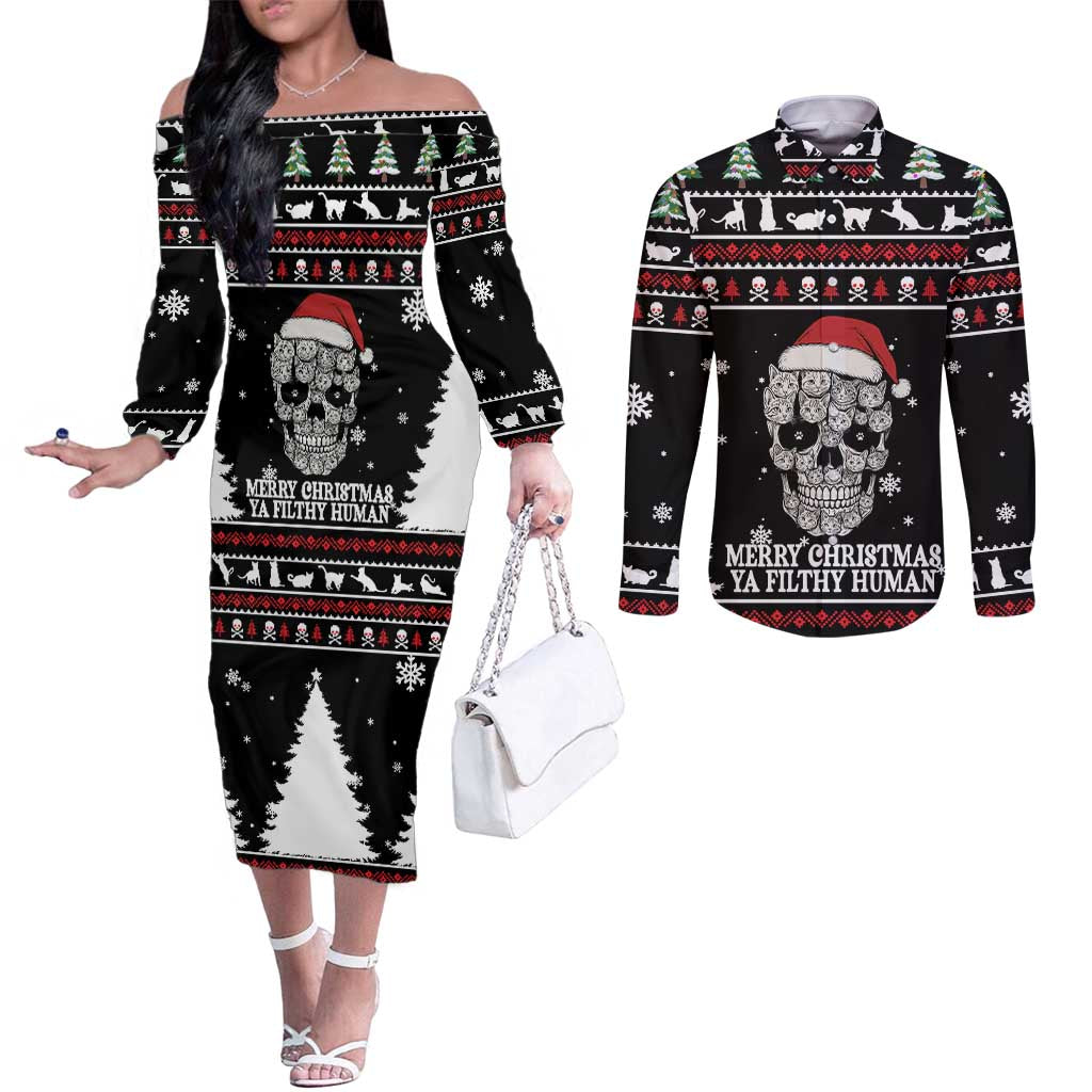 Cat Skull Santa Christmas Couples Matching Off The Shoulder Long Sleeve Dress and Long Sleeve Button Shirt Xmas Holiday Patterns - Wonder Print Shop