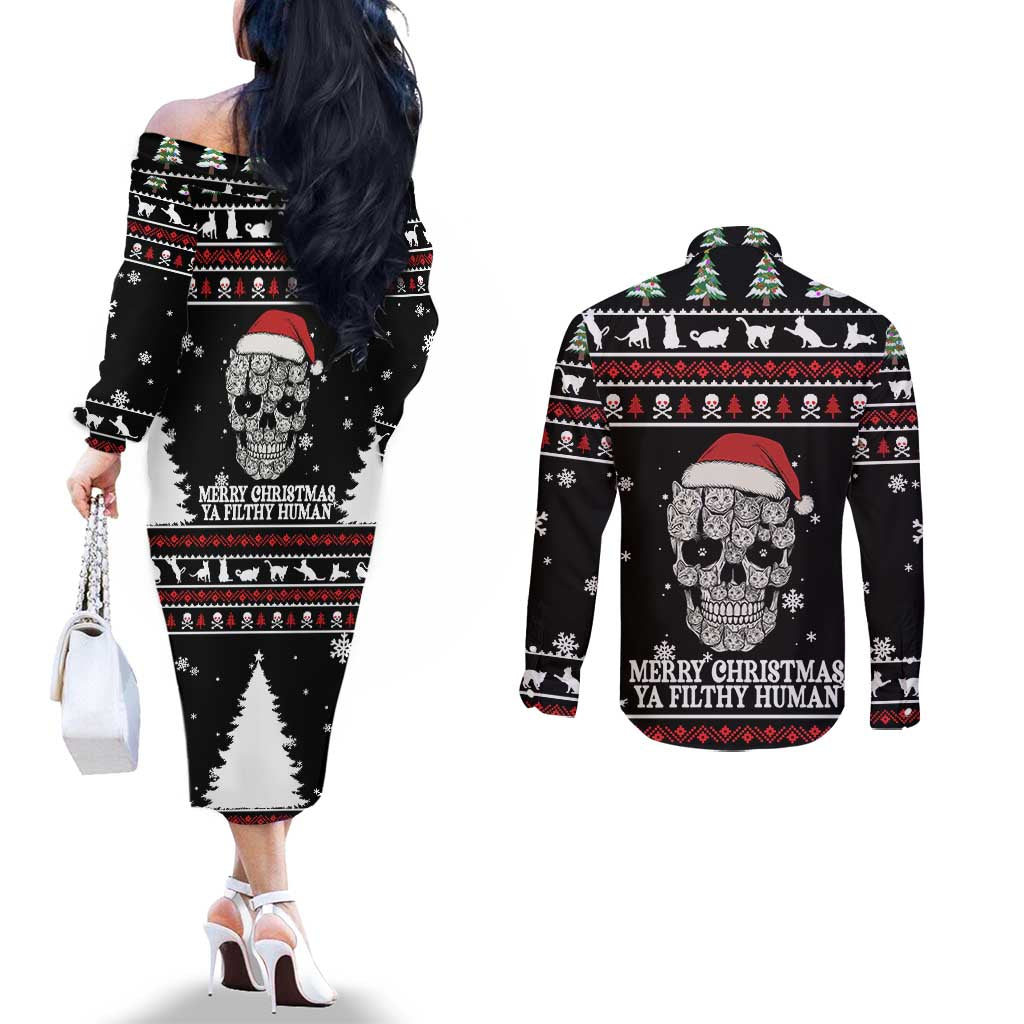 Cat Skull Santa Christmas Couples Matching Off The Shoulder Long Sleeve Dress and Long Sleeve Button Shirt Xmas Holiday Patterns - Wonder Print Shop
