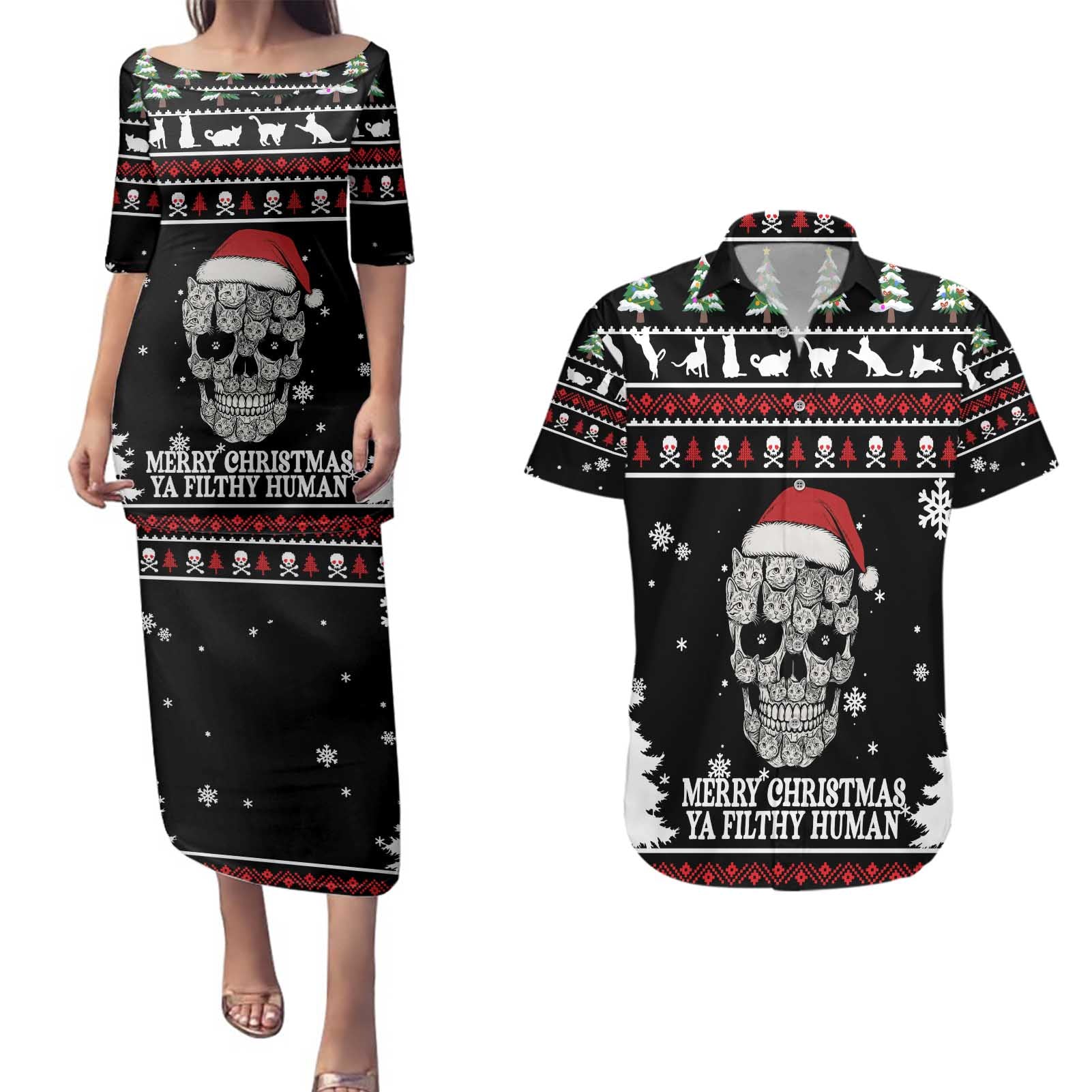 Cat Skull Santa Christmas Couples Matching Puletasi and Hawaiian Shirt Xmas Holiday Patterns - Wonder Print Shop