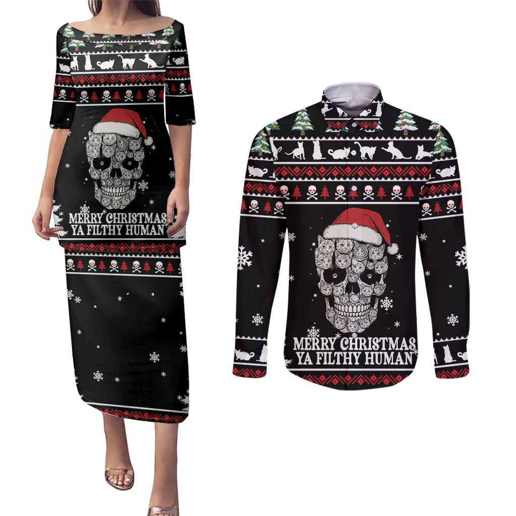 Cat Skull Santa Christmas Couples Matching Puletasi and Long Sleeve Button Shirt Xmas Holiday Patterns - Wonder Print Shop