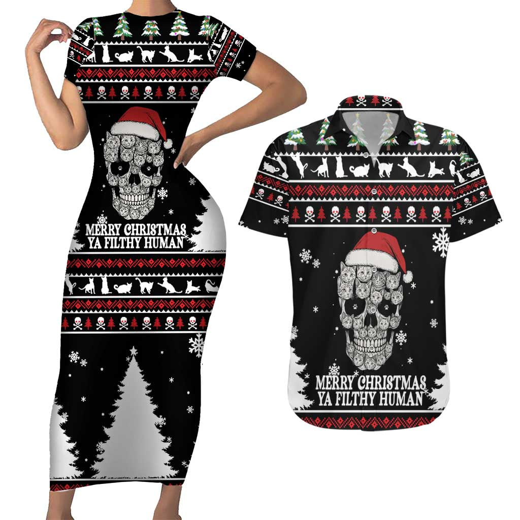 Cat Skull Santa Christmas Couples Matching Short Sleeve Bodycon Dress and Hawaiian Shirt Xmas Holiday Patterns - Wonder Print Shop