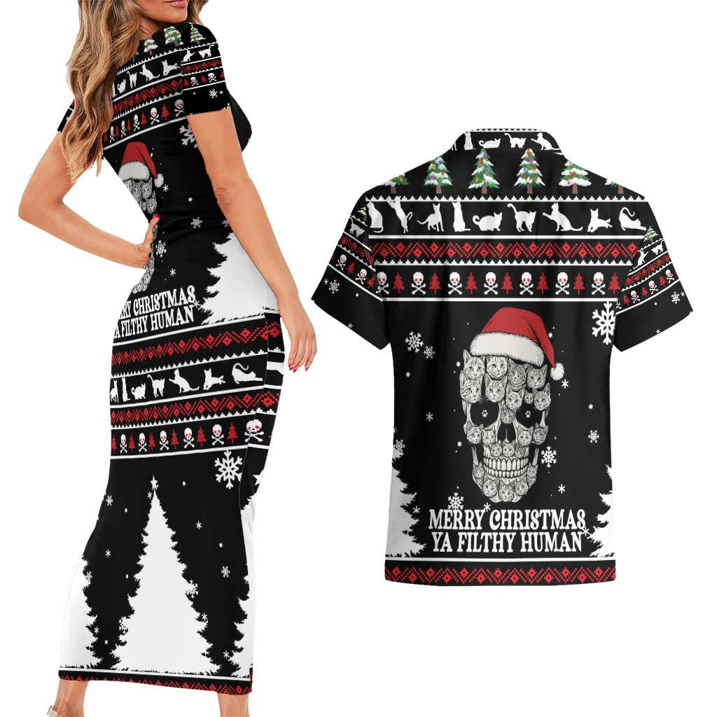 Cat Skull Santa Christmas Couples Matching Short Sleeve Bodycon Dress and Hawaiian Shirt Xmas Holiday Patterns - Wonder Print Shop