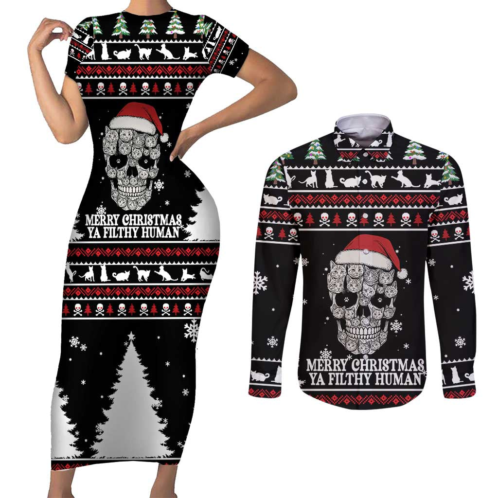Cat Skull Santa Christmas Couples Matching Short Sleeve Bodycon Dress and Long Sleeve Button Shirt Xmas Holiday Patterns - Wonder Print Shop