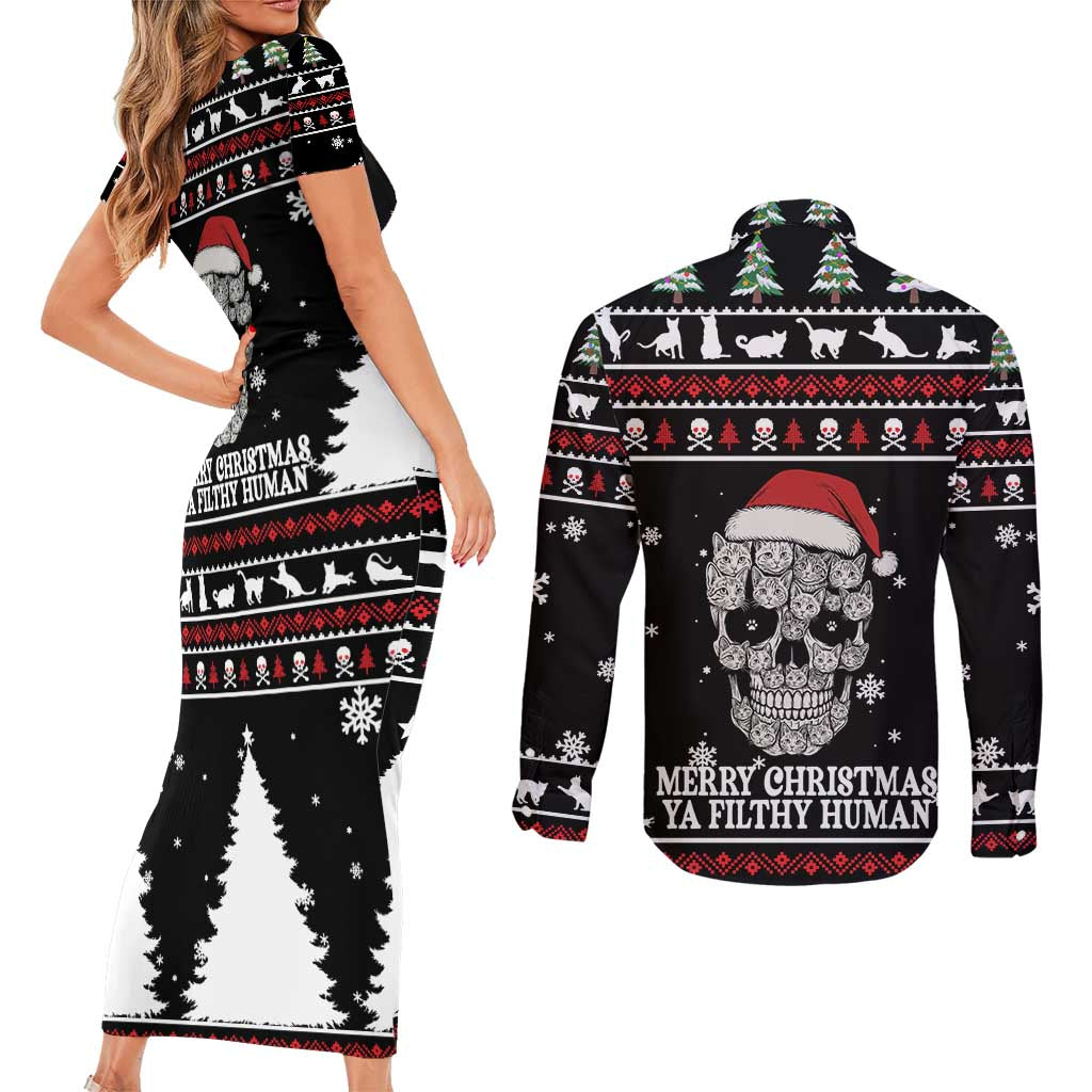 Cat Skull Santa Christmas Couples Matching Short Sleeve Bodycon Dress and Long Sleeve Button Shirt Xmas Holiday Patterns - Wonder Print Shop