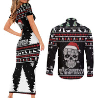 Cat Skull Santa Christmas Couples Matching Short Sleeve Bodycon Dress and Long Sleeve Button Shirt Xmas Holiday Patterns - Wonder Print Shop
