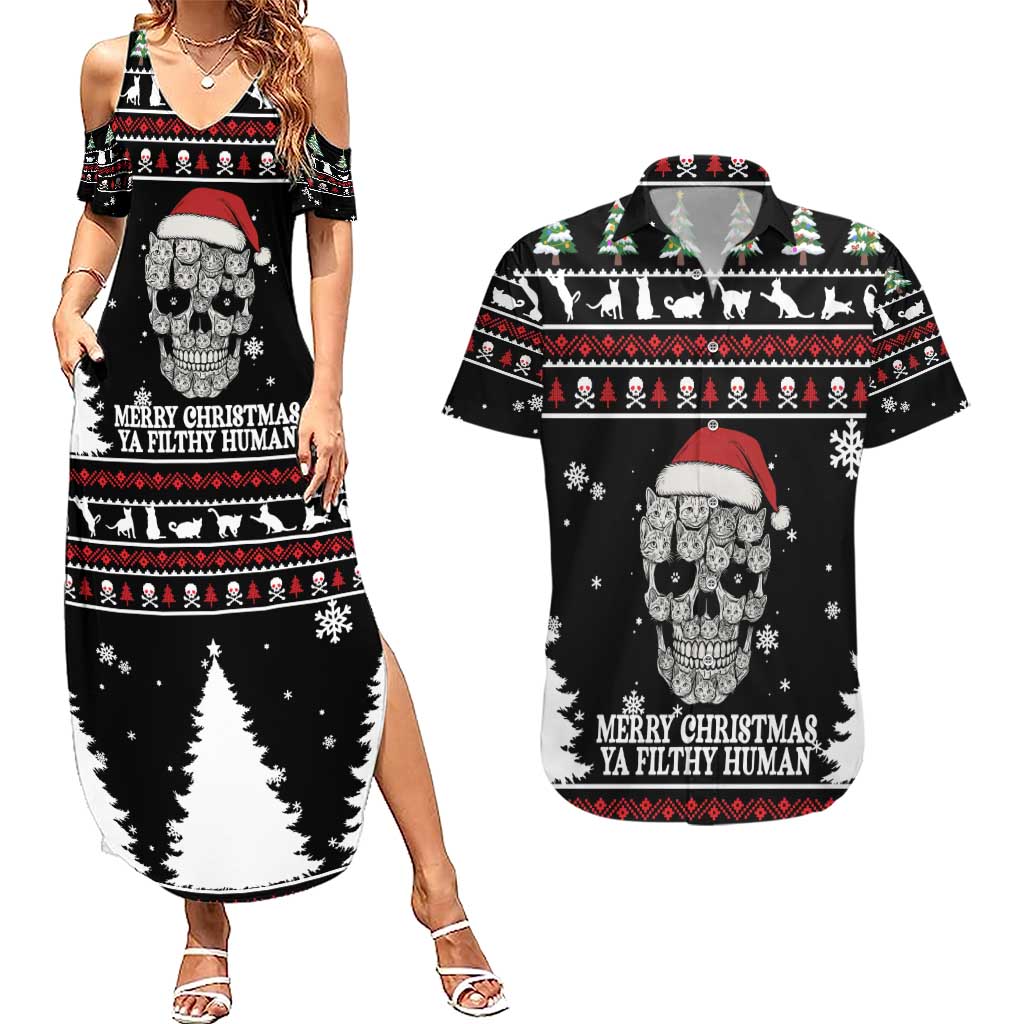 Cat Skull Santa Christmas Couples Matching Summer Maxi Dress and Hawaiian Shirt Xmas Holiday Patterns - Wonder Print Shop