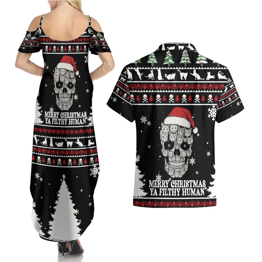 Cat Skull Santa Christmas Couples Matching Summer Maxi Dress and Hawaiian Shirt Xmas Holiday Patterns - Wonder Print Shop