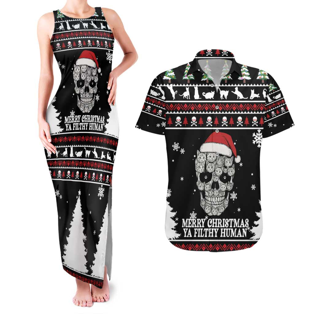 Cat Skull Santa Christmas Couples Matching Tank Maxi Dress and Hawaiian Shirt Xmas Holiday Patterns - Wonder Print Shop