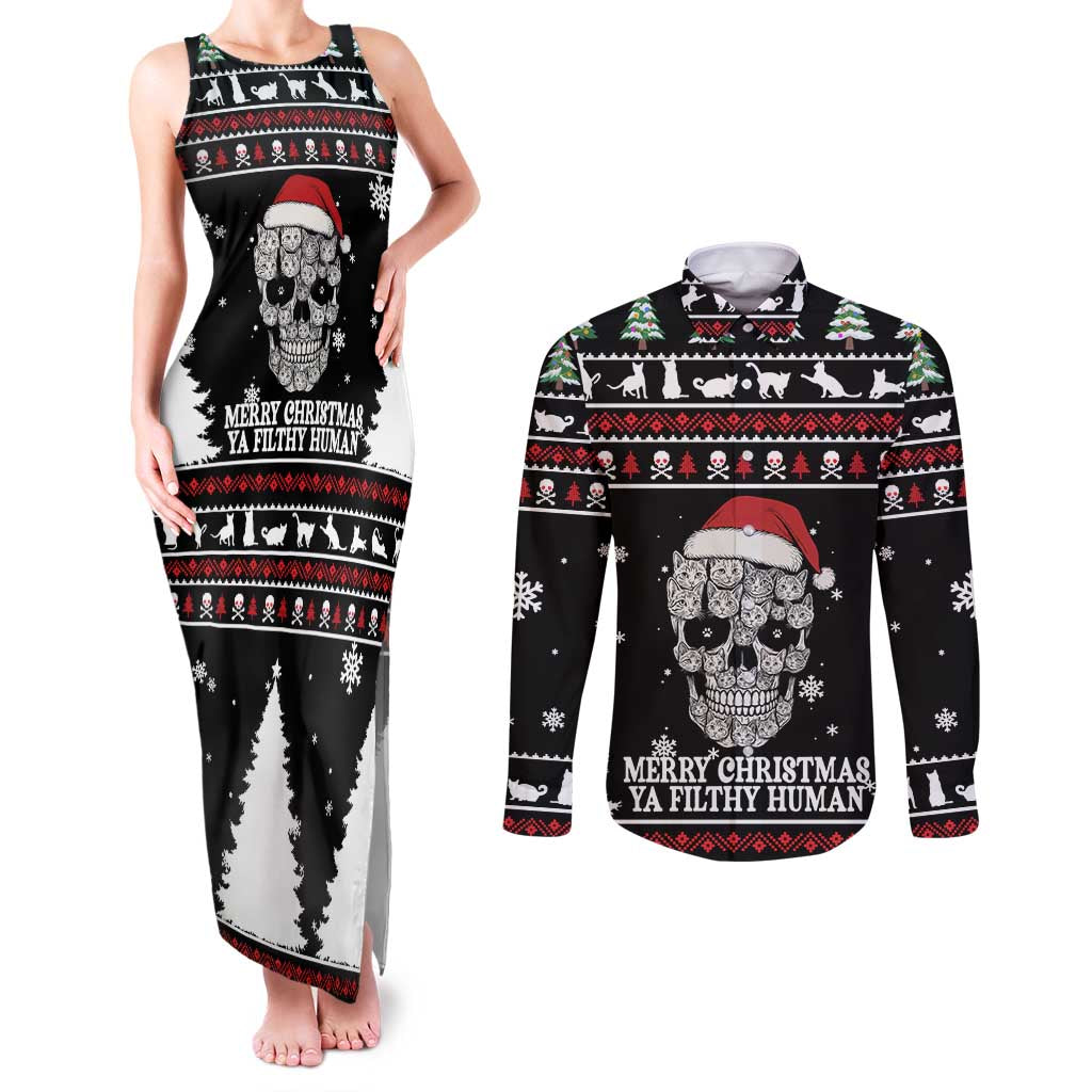 Cat Skull Santa Christmas Couples Matching Tank Maxi Dress and Long Sleeve Button Shirt Xmas Holiday Patterns - Wonder Print Shop