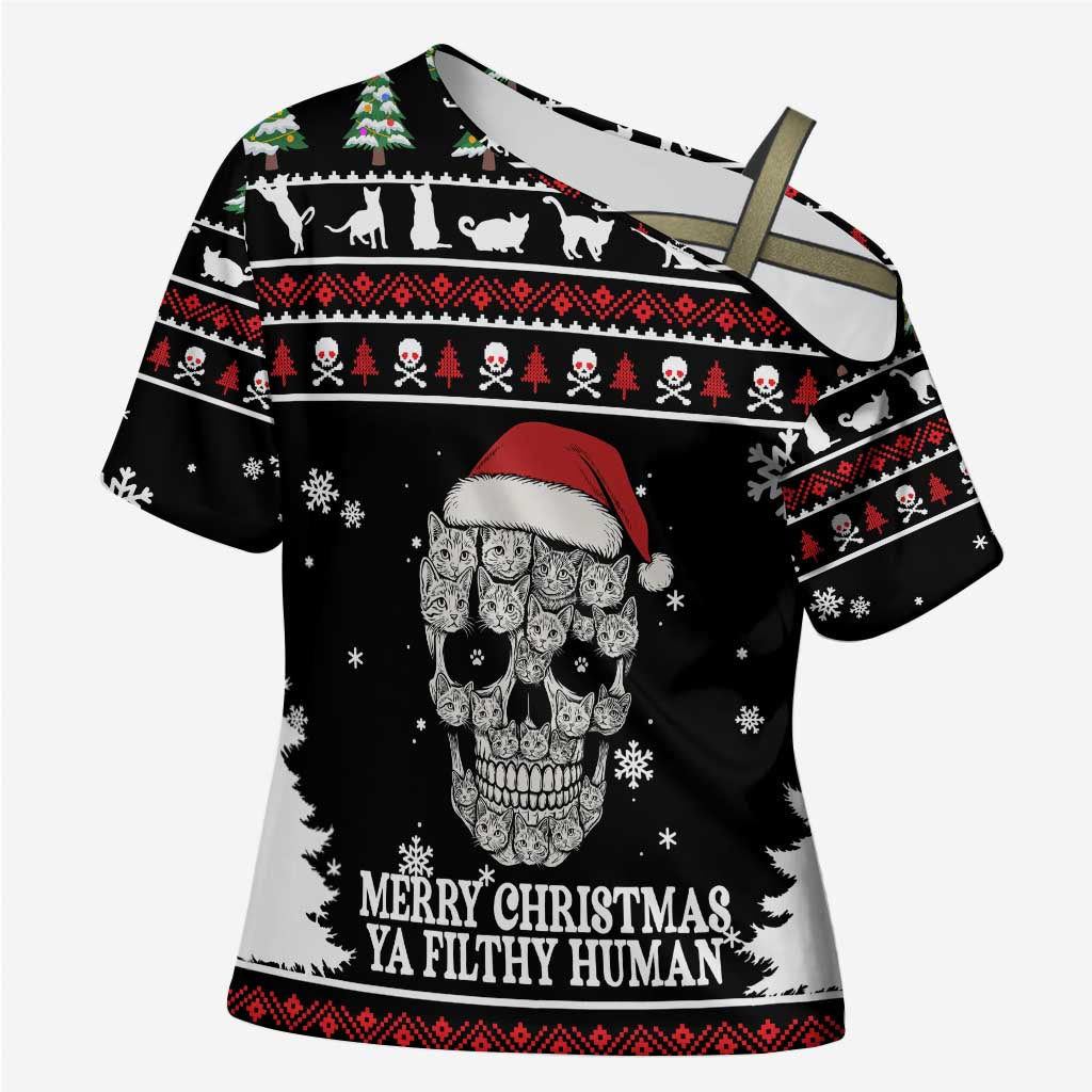 Cat Skull Santa Christmas Cross Shoulder Shirt Xmas Holiday Patterns - Wonder Print Shop