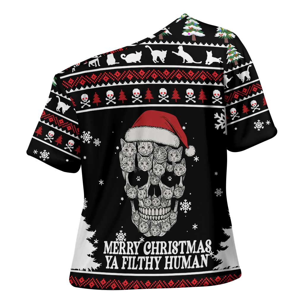 Cat Skull Santa Christmas Cross Shoulder Shirt Xmas Holiday Patterns - Wonder Print Shop
