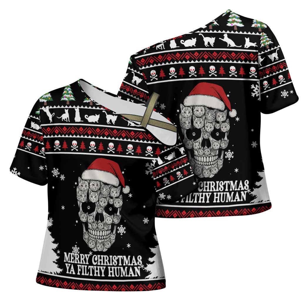 Cat Skull Santa Christmas Cross Shoulder Shirt Xmas Holiday Patterns - Wonder Print Shop