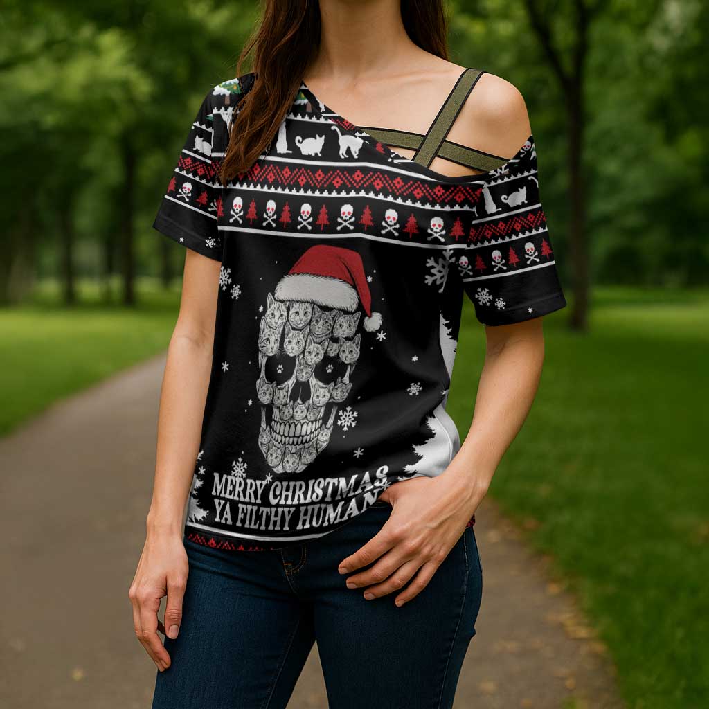 Cat Skull Santa Christmas Cross Shoulder Shirt Xmas Holiday Patterns - Wonder Print Shop