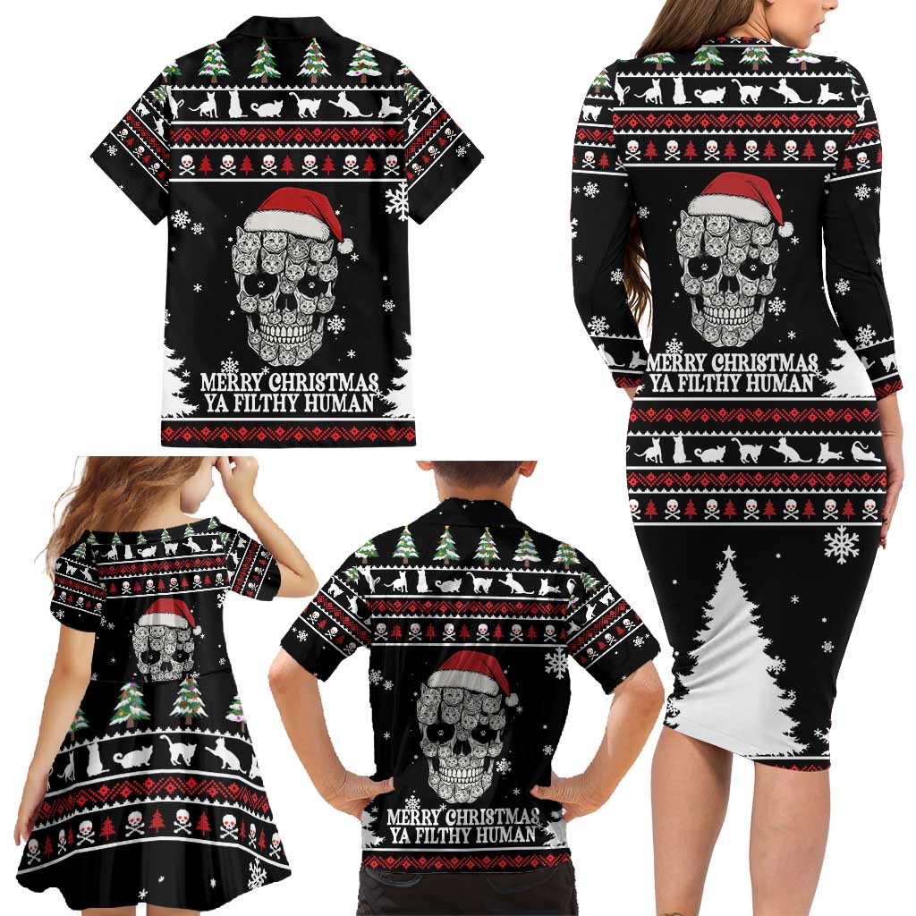 Cat Skull Santa Christmas Family Matching Long Sleeve Bodycon Dress and Hawaiian Shirt Xmas Holiday Patterns - Wonder Print Shop