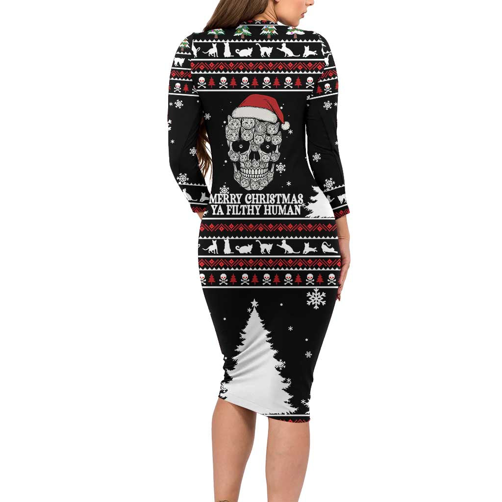 Cat Skull Santa Christmas Family Matching Long Sleeve Bodycon Dress and Hawaiian Shirt Xmas Holiday Patterns - Wonder Print Shop