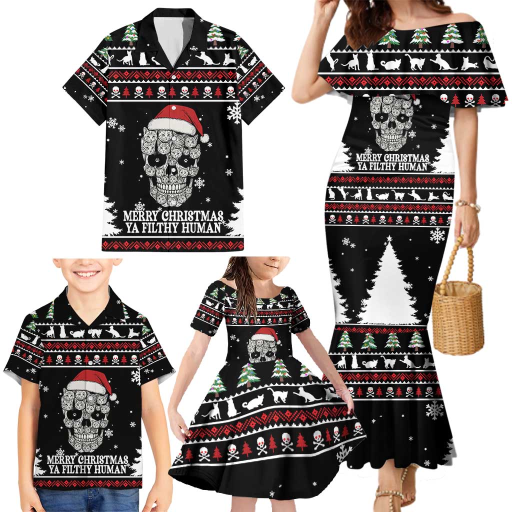 Cat Skull Santa Christmas Family Matching Mermaid Dress and Hawaiian Shirt Xmas Holiday Patterns - Wonder Print Shop