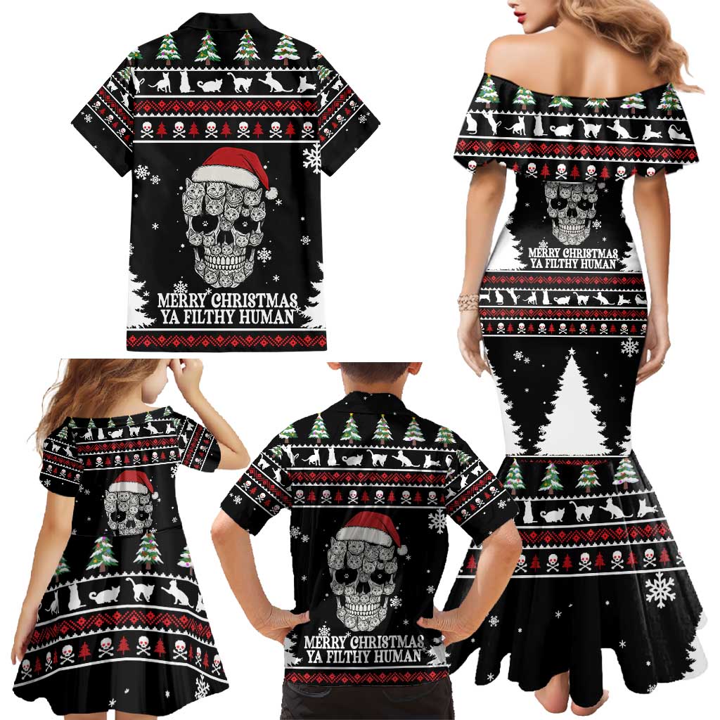 Cat Skull Santa Christmas Family Matching Mermaid Dress and Hawaiian Shirt Xmas Holiday Patterns - Wonder Print Shop