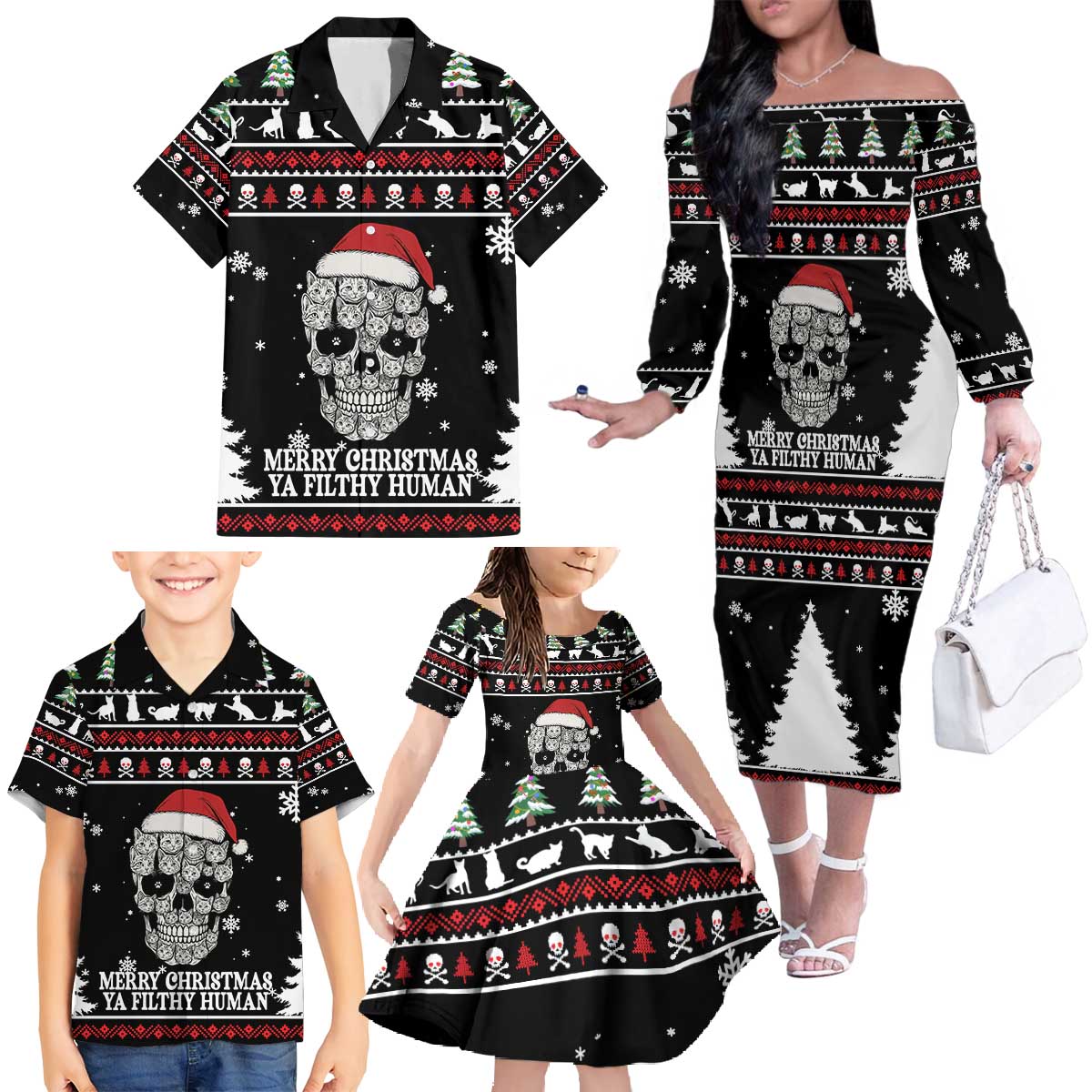 Cat Skull Santa Christmas Family Matching Off The Shoulder Long Sleeve Dress and Hawaiian Shirt Xmas Holiday Patterns - Wonder Print Shop