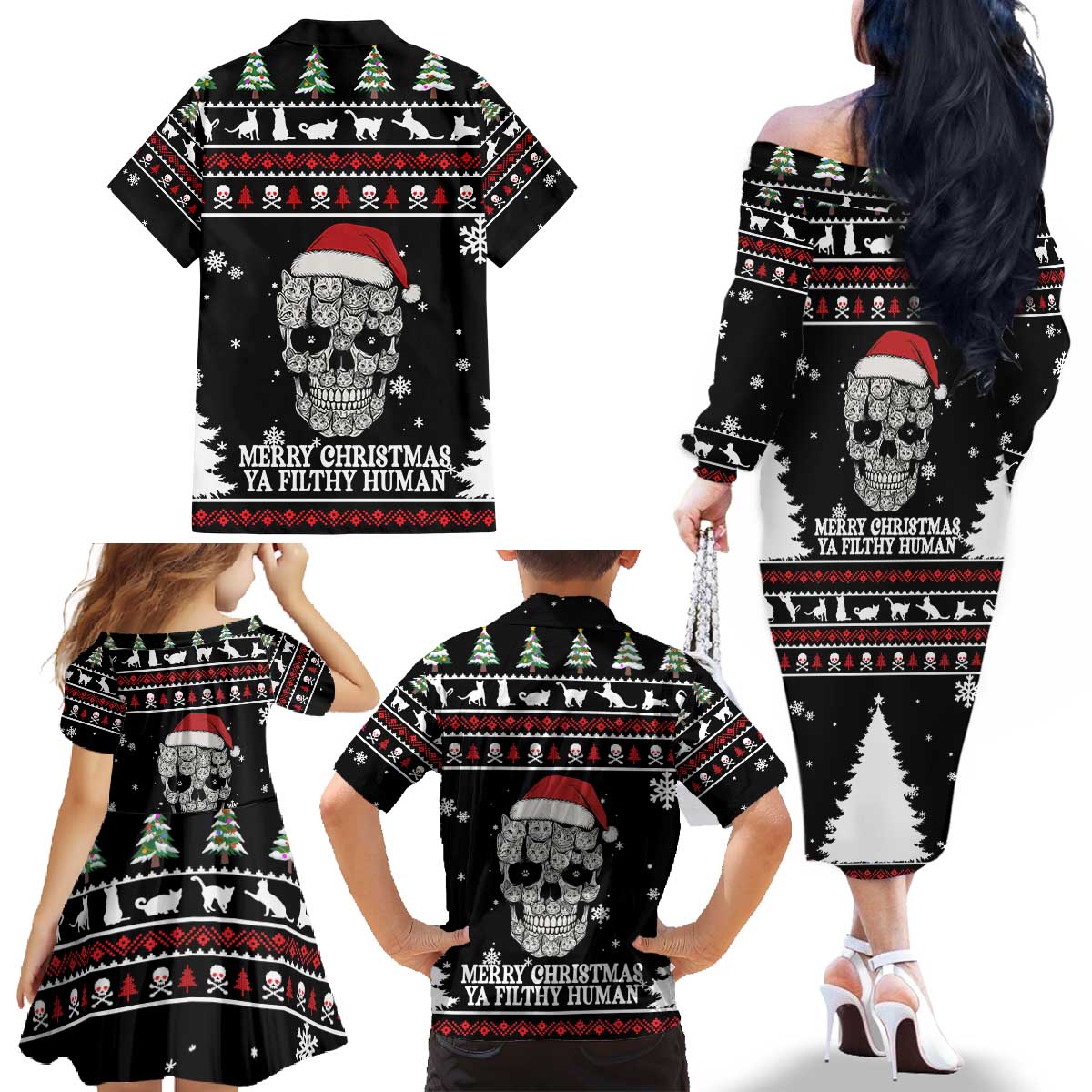 Cat Skull Santa Christmas Family Matching Off The Shoulder Long Sleeve Dress and Hawaiian Shirt Xmas Holiday Patterns - Wonder Print Shop