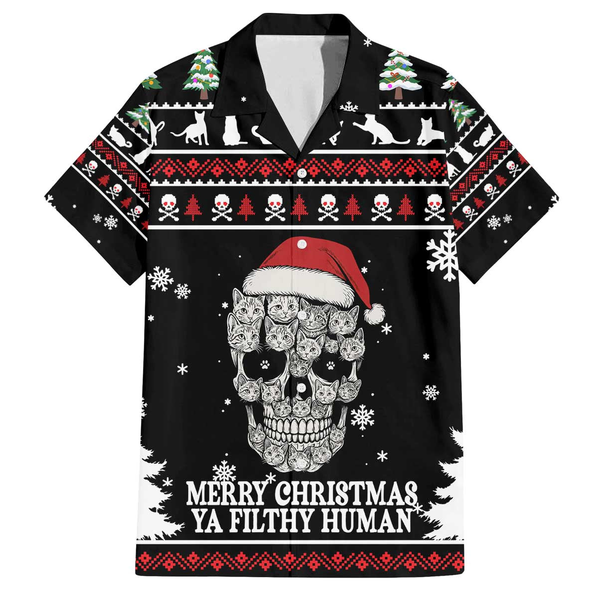 Cat Skull Santa Christmas Family Matching Off The Shoulder Long Sleeve Dress and Hawaiian Shirt Xmas Holiday Patterns - Wonder Print Shop