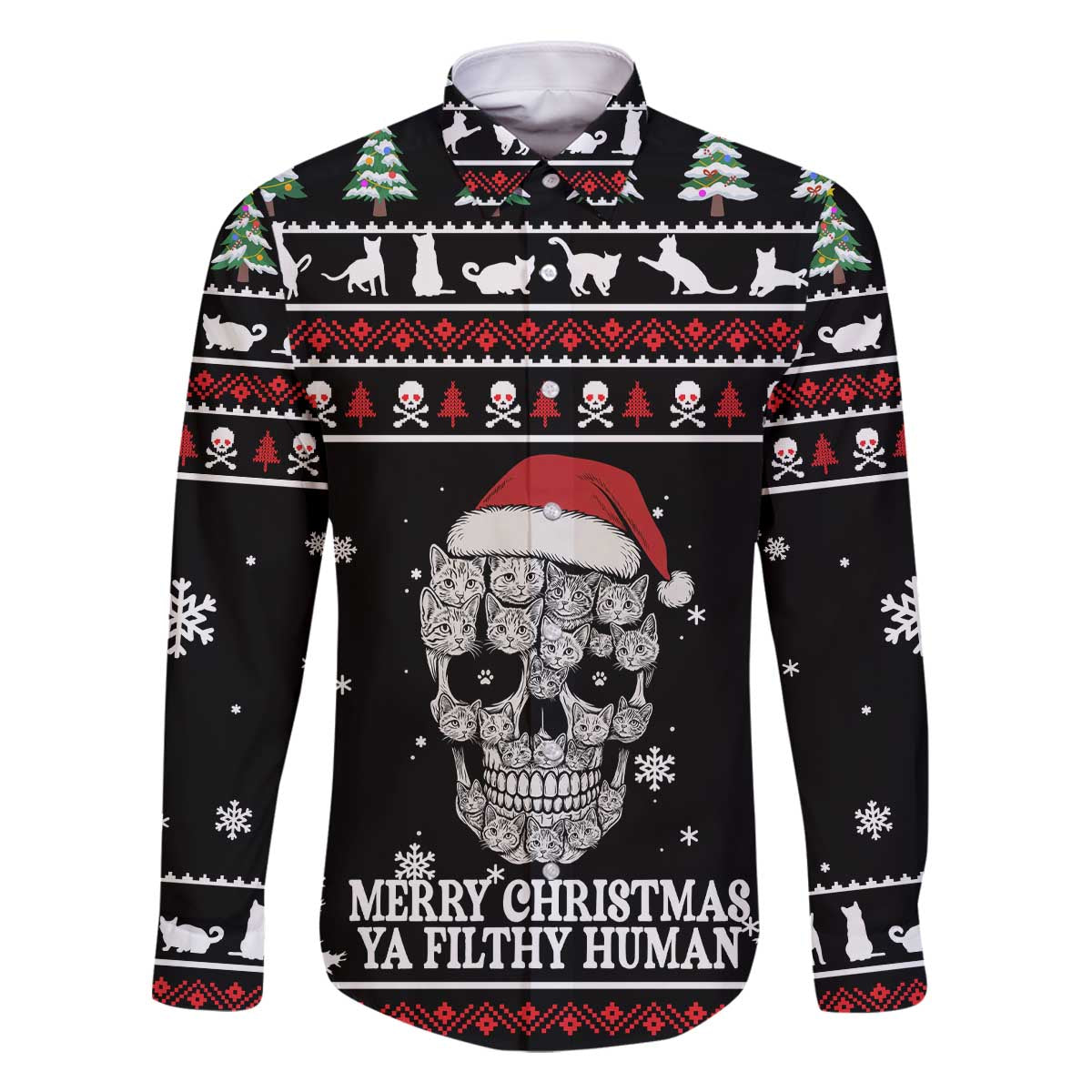 Cat Skull Santa Christmas Family Matching Off The Shoulder Long Sleeve Dress and Hawaiian Shirt Xmas Holiday Patterns - Wonder Print Shop