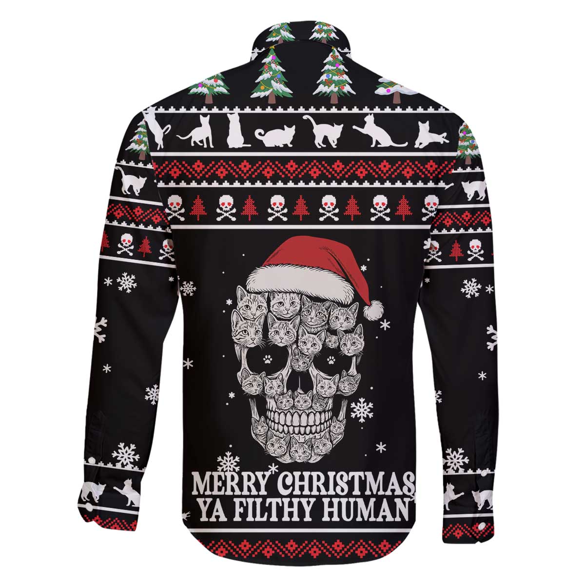 Cat Skull Santa Christmas Family Matching Off The Shoulder Long Sleeve Dress and Hawaiian Shirt Xmas Holiday Patterns - Wonder Print Shop