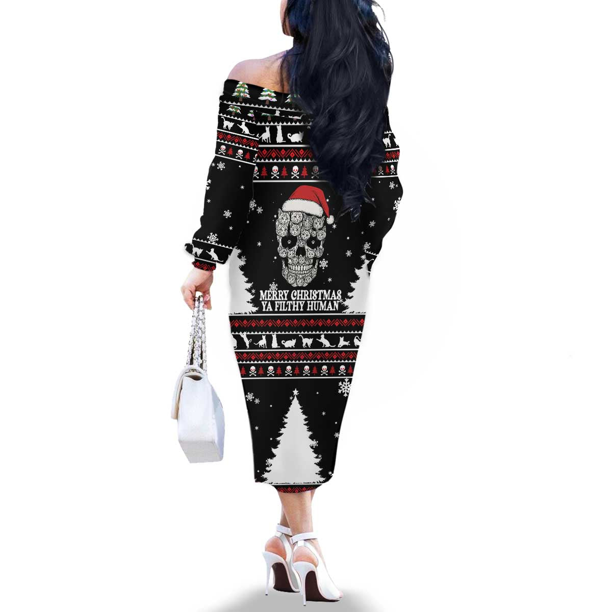 Cat Skull Santa Christmas Family Matching Off The Shoulder Long Sleeve Dress and Hawaiian Shirt Xmas Holiday Patterns - Wonder Print Shop